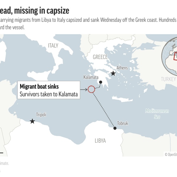 A fishing boat taking migrants to Italy from Libya sank in the Mediterranean Wednesday. (AP Graphic)