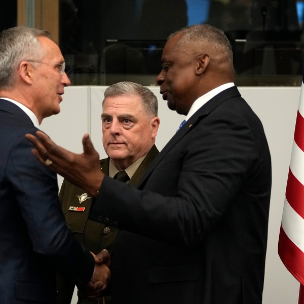 United States Secretary of Defense Lloyd Austin, right, greets NATO Secretary General Jens Stoltenberg, left, during a meeting of the Ukraine Defense Contact Group at NATO headquarters in Brussels, Thursday, June 15, 2023. NATO defense ministers are holding two days of meetings to discuss their support for Ukraine and ways to boost the defenses of eastern flank allies near Russia. A meeting of the Ukraine Contact Group is being held to drum up more military aid for the war-torn country. (AP Photo/Virginia Mayo)