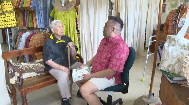 Nakeʻu Awai (left) and Keane Akao (right) talk about Hawaiian fashion on Wednesday, May 17, 2023 in Honolulu, Hawaiʻi.