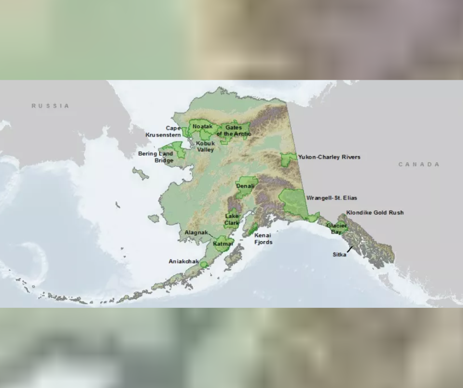 A photo shows a map of Alaska with Mount Katmai marked with red. (Photo/National Park Service)